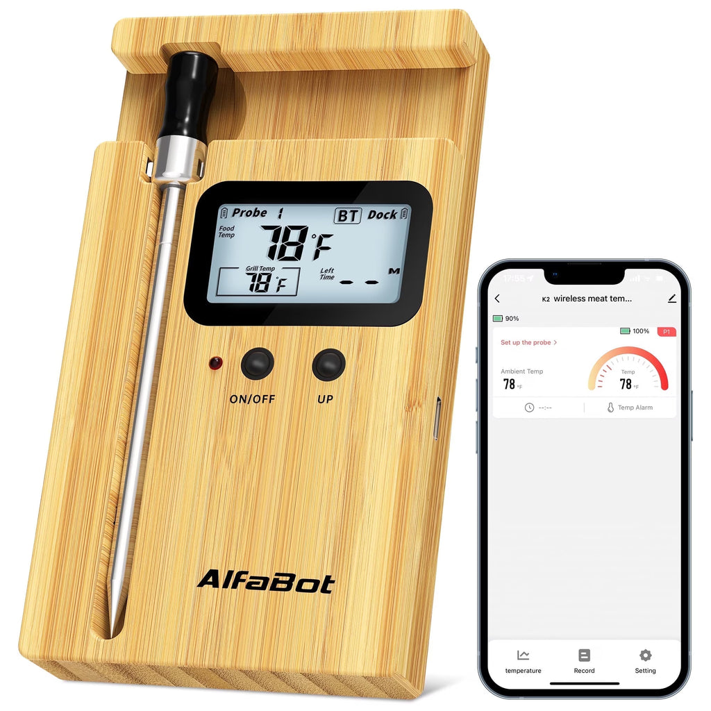 AlfaBot Wireless Meat Thermometer, Standalone Base with Display & Control, Alarm, Long Bluetooth Range, High-Temp-Resist Food Thermometer for Grilling and Smoking, Cooking, Oven, Rotisserie