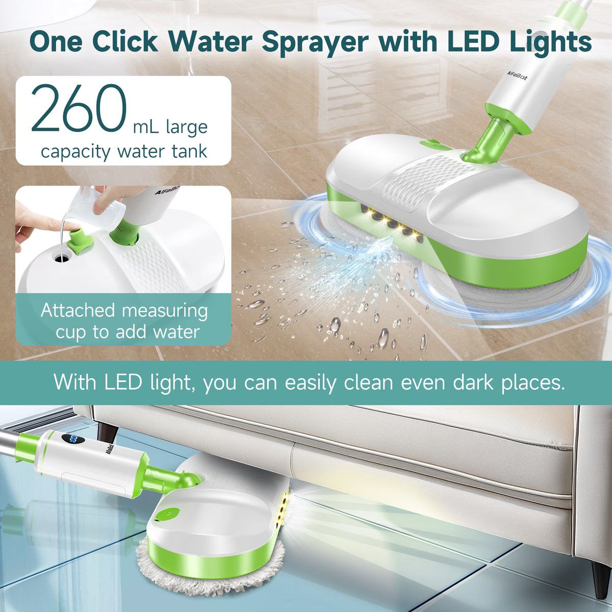 AlfaBot Cordless Electric Mop, Self-Propelled Dual-Spin Mop with LED Light & Spray, 260ml Tank 50 Mins Runtime, Lightweight for Hardwood Tile Cleaning Up to 2700 sq.ft