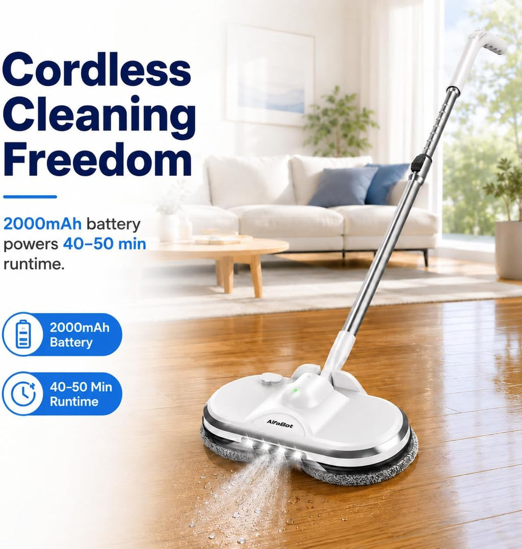 AlfaBot Cordless Electric Mop for Floor Cleaning, Electric Spin Mop, Electric Mop with Water Sprayer and LED Headlight, Lightweight & Rechargeable Floor Scrubber for Hardwood Tile Floors