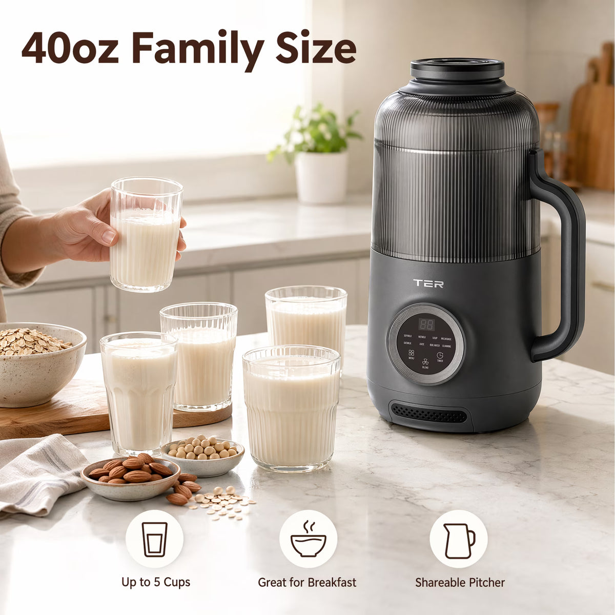 AlfaBot 40oz Nut Milk Maker, Automatic Plant-Based Milk Machine for Almond, Soy, Oat Milk, Soup and Smoothies