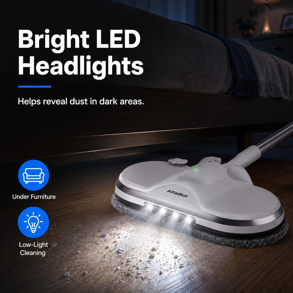 AlfaBot Cordless Electric Mop for Floor Cleaning, Electric Spin Mop, Electric Mop with Water Sprayer and LED Headlight, Lightweight & Rechargeable Floor Scrubber for Hardwood Tile Floors