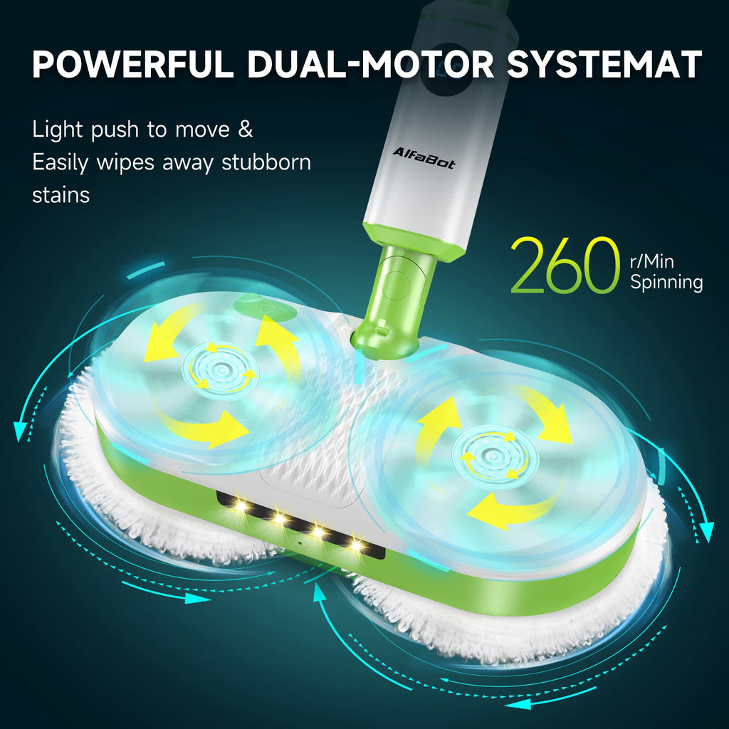AlfaBot Cordless Electric Mop, Self-Propelled Dual-Spin Mop with LED Light & Spray, 260ml Tank 50 Mins Runtime, Lightweight for Hardwood Tile Cleaning Up to 2700 sq.ft