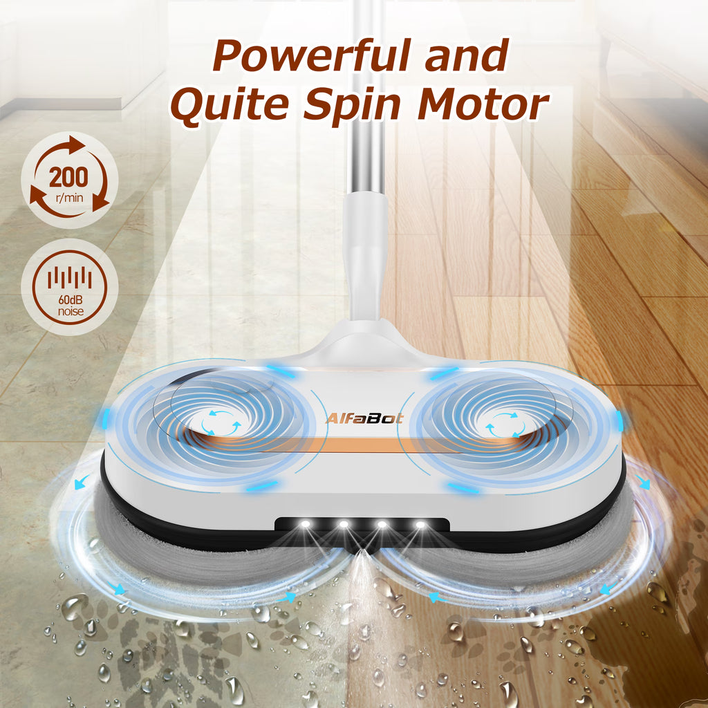 Cordless Electric Mop, AlfaBot Floor Cleaner with LED Headlight & Water Sprayer, Up to 60 mins Working Time, Dual-Motor Powerful Spin Mop with 13.6oz Water Tank for Multi-Surface, Self-Propelled