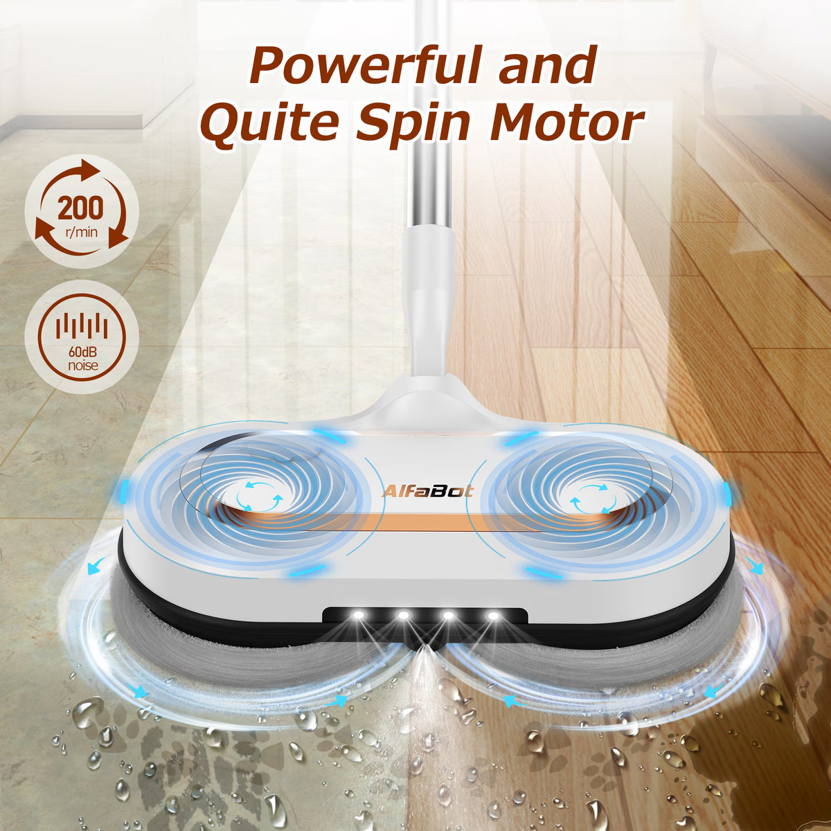 Cordless Electric Mop, AlfaBot Floor Cleaner with LED Headlight & Water Sprayer, Up to 60 mins Working Time, Dual-Motor Powerful Spin Mop with 13.6oz Water Tank for Multi-Surface, Self-Propelled