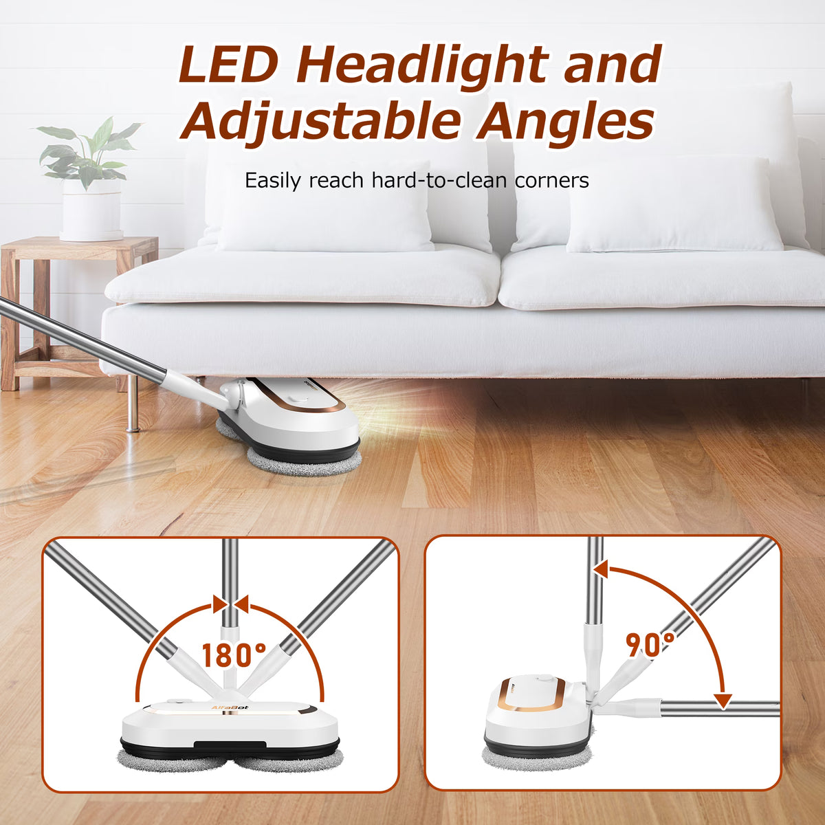 Cordless Electric Mop, AlfaBot Floor Cleaner with LED Headlight & Water Sprayer, Up to 60 mins Working Time, Dual-Motor Powerful Spin Mop with 13.6oz Water Tank for Multi-Surface, Self-Propelled