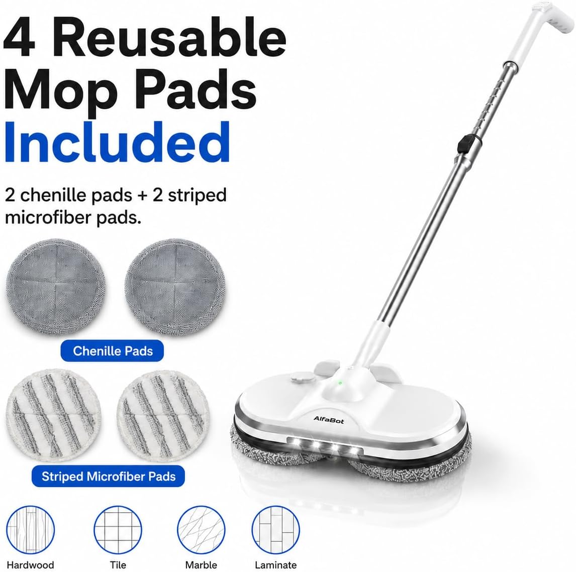 AlfaBot Cordless Electric Mop for Floor Cleaning, Electric Spin Mop, Electric Mop with Water Sprayer and LED Headlight, Lightweight & Rechargeable Floor Scrubber for Hardwood Tile Floors