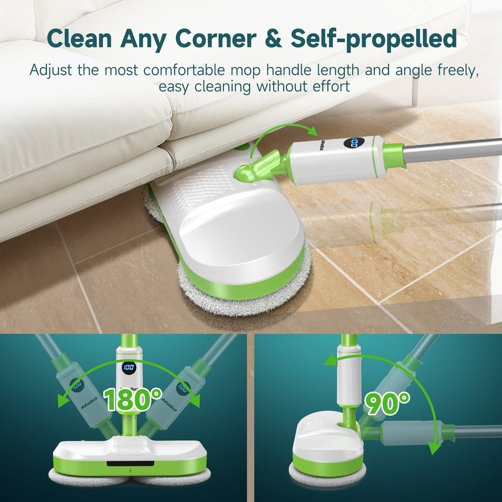 AlfaBot Cordless Electric Mop, Self-Propelled Dual-Spin Mop with LED Light & Spray, 260ml Tank 50 Mins Runtime, Lightweight for Hardwood Tile Cleaning Up to 2700 sq.ft