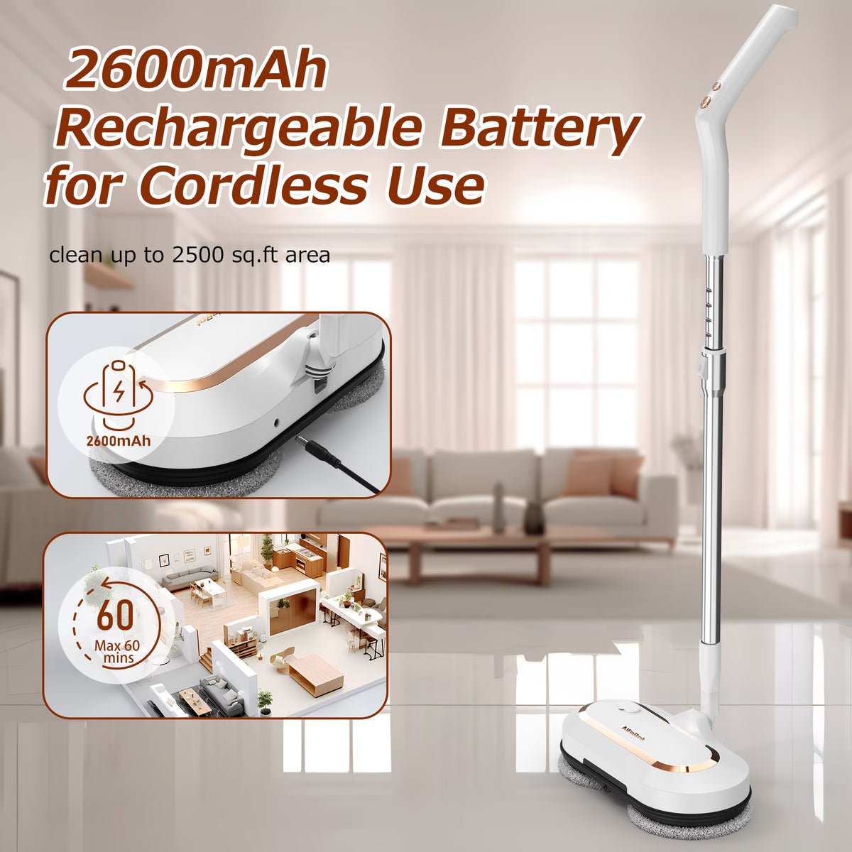 Cordless Electric Mop, AlfaBot Floor Cleaner with LED Headlight & Water Sprayer, Up to 60 mins Working Time, Dual-Motor Powerful Spin Mop with 13.6oz Water Tank for Multi-Surface, Self-Propelled