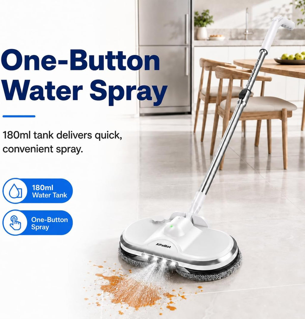 AlfaBot Cordless Electric Mop for Floor Cleaning, Electric Spin Mop, Electric Mop with Water Sprayer and LED Headlight, Lightweight & Rechargeable Floor Scrubber for Hardwood Tile Floors