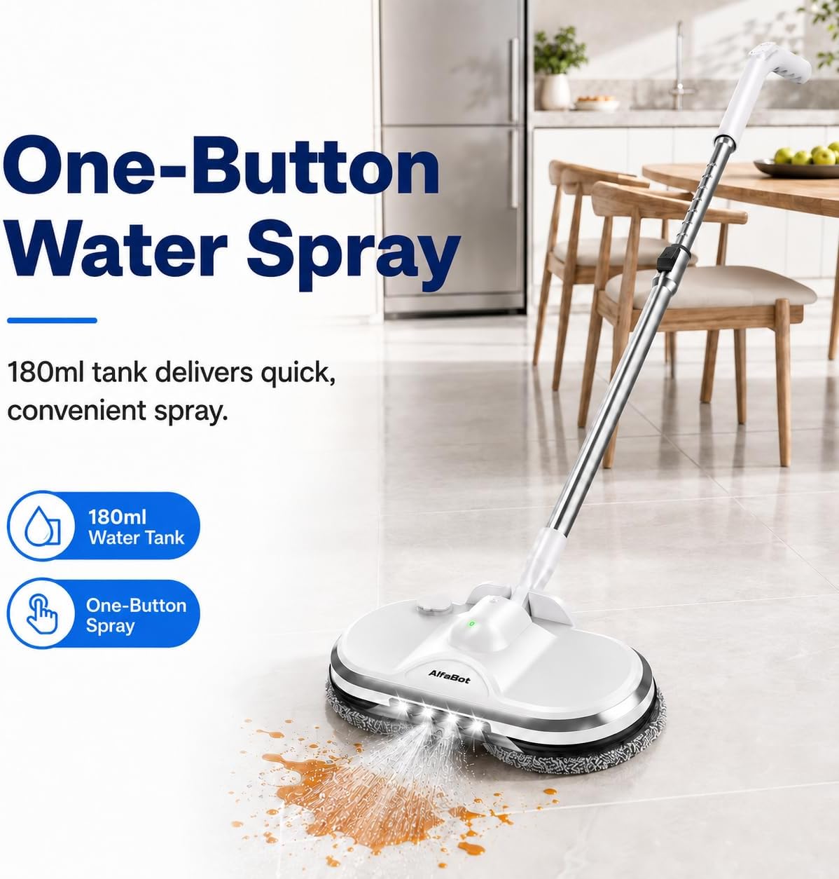 AlfaBot Cordless Electric Mop for Floor Cleaning, Electric Spin Mop, Electric Mop with Water Sprayer and LED Headlight, Lightweight & Rechargeable Floor Scrubber for Hardwood Tile Floors