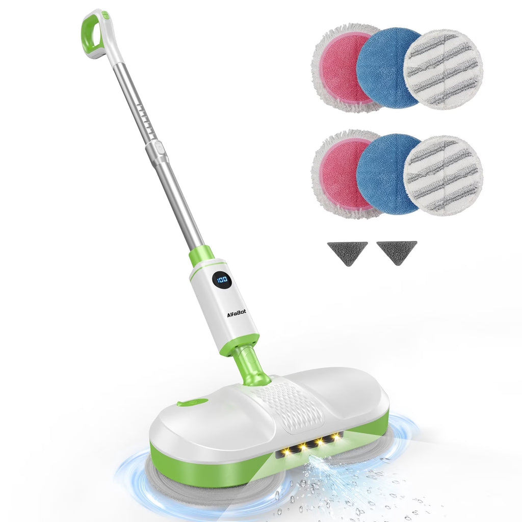 AlfaBot Cordless Electric Mop, Self-Propelled Dual-Spin Mop with LED Light & Spray, 260ml Tank 50 Mins Runtime, Lightweight for Hardwood Tile Cleaning Up to 2700 sq.ft